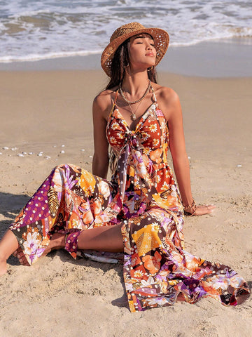 Rusttydustty Floral Print V-Neck Halter Maxi Dress With Front Slit