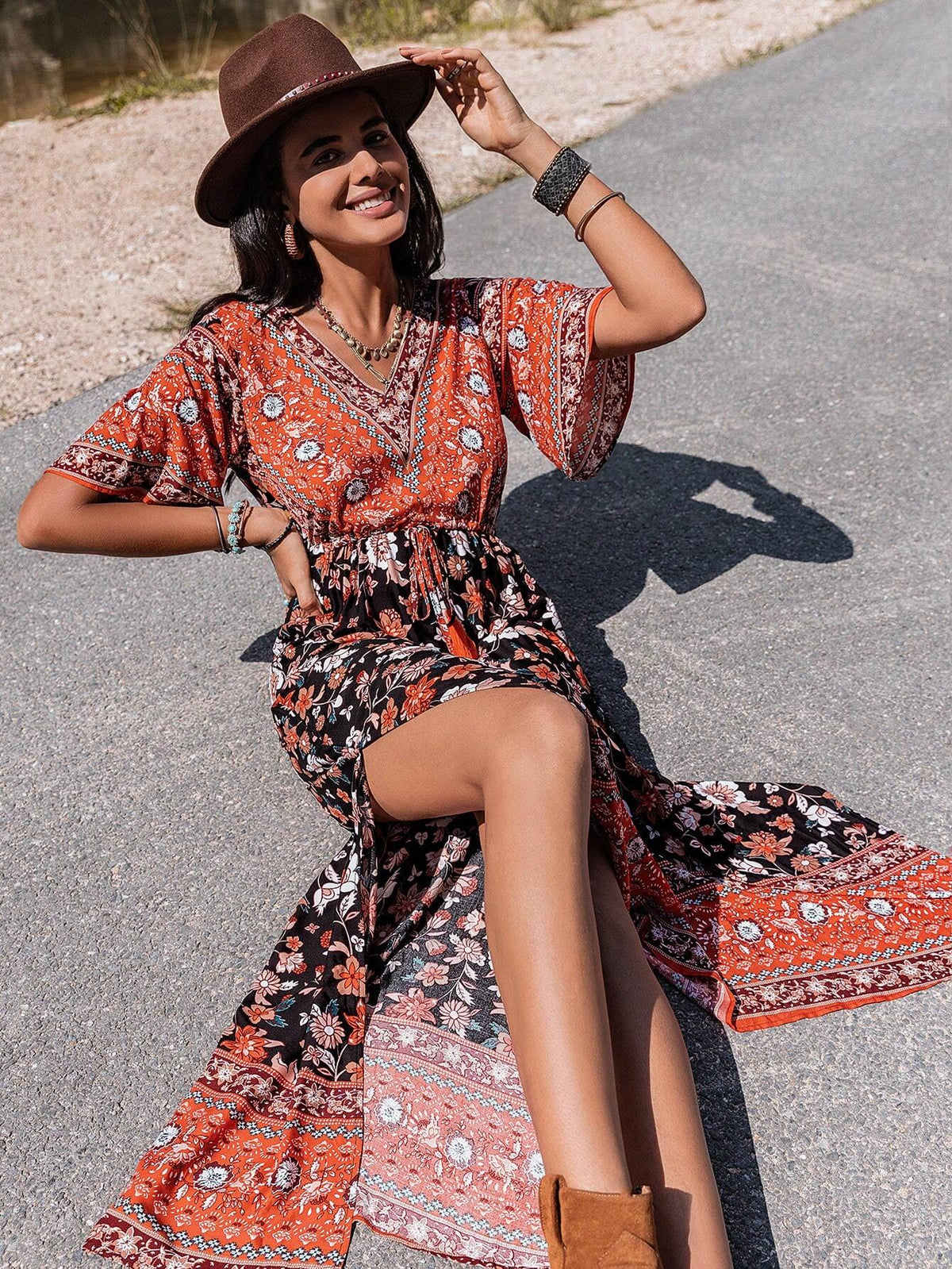 Rusttydustty Floral Print V-Neck Slit Dress