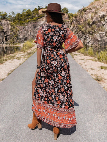 Rusttydustty Floral Print V-Neck Slit Dress