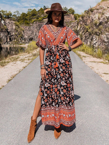 Rusttydustty Floral Print V-Neck Slit Dress
