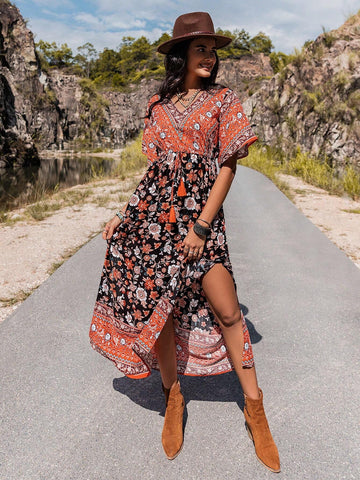 Rusttydustty Floral Print V-Neck Slit Dress