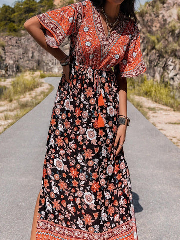 Rusttydustty Floral Print V-Neck Slit Dress