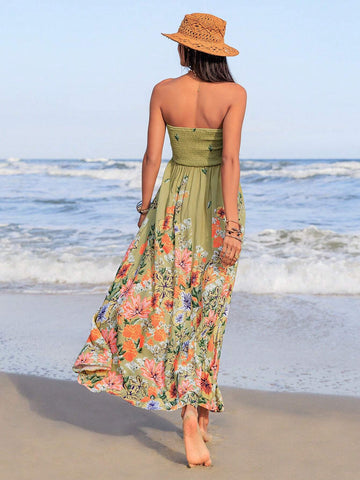 Rusttydustty Floral Printed Strapless A-Line Dress