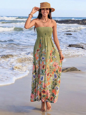 Rusttydustty Floral Printed Strapless A-Line Dress