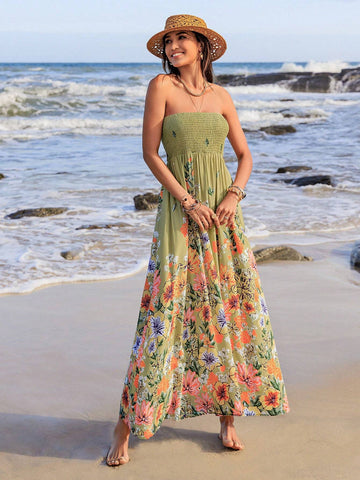 Rusttydustty Floral Printed Strapless A-Line Dress