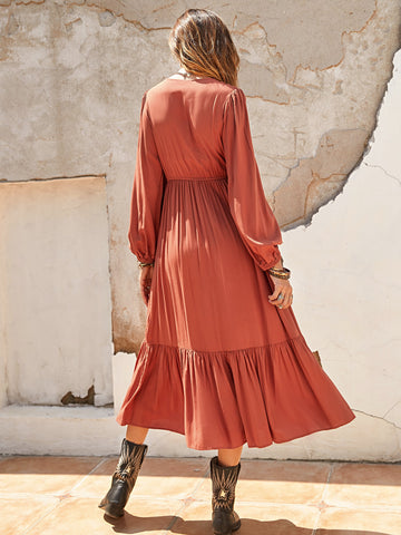 Rusttydustty Half Button Placket Lantern Sleeve Ruffle Hem Dress
