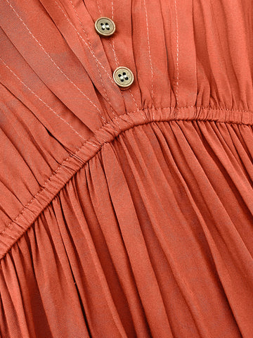 Rusttydustty Half Button Placket Lantern Sleeve Ruffle Hem Dress