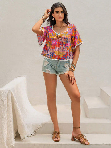 Rusttydustty Ladies' Colorful Random Printed Simple Daily Top