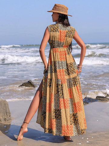 Rusttydustty Patchwork Printed Front Slit Lace-Up Maxi Dress
