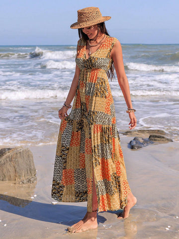 Rusttydustty Patchwork Printed Front Slit Lace-Up Maxi Dress