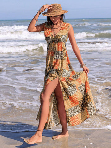 Rusttydustty Patchwork Printed Front Slit Lace-Up Maxi Dress