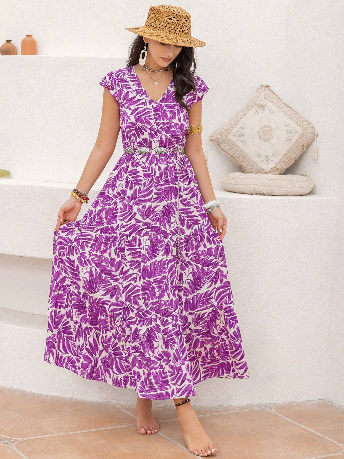 Rusttydustty Plant Printed Long Maxi Dress With V-Neck