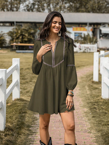 Rusttydustty Square-Neck Jacquard Belted Lantern Sleeve Dress