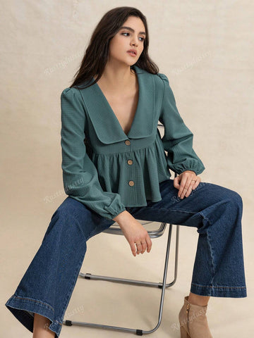 Rusttydustty Water Blue Waffle Texture Collar Lantern Sleeve A-Line Pleated Hem Casual Cute Youthful Style Women Top