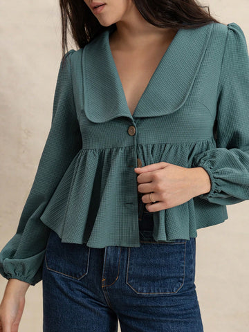 Rusttydustty Water Blue Waffle Texture Collar Lantern Sleeve A-Line Pleated Hem Casual Cute Youthful Style Women Top