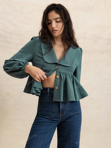 Rusttydustty Water Blue Waffle Texture Collar Lantern Sleeve A-Line Pleated Hem Casual Cute Youthful Style Women Top