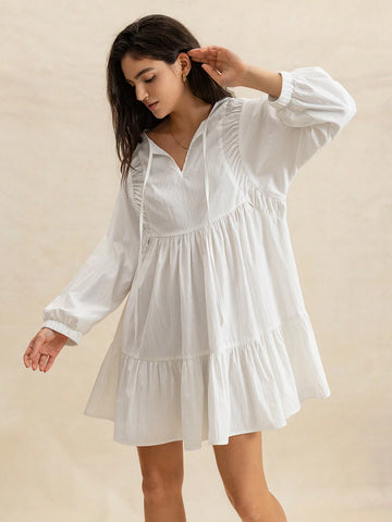 Rusttydustty White Casual Vacation/Date Sweet A-Line Tie Bowknot Cute Knee Length Dress For Women