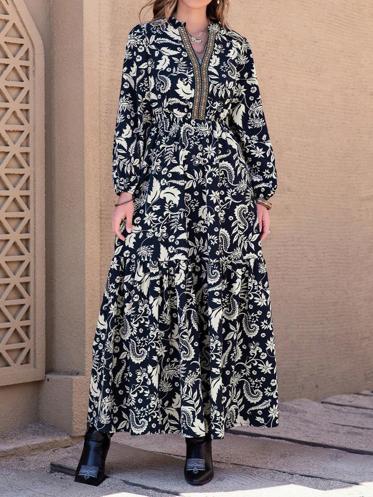 Rusttydustty Women Plant Print V-Neck Long Sleeve Lantern Sleeve Dress