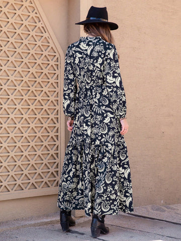 Rusttydustty Women Plant Print V-Neck Long Sleeve Lantern Sleeve Dress