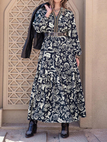 Rusttydustty Women Plant Print V-Neck Long Sleeve Lantern Sleeve Dress