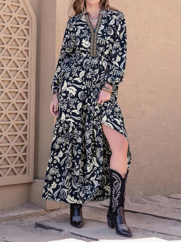 Rusttydustty Women Plant Print V-Neck Long Sleeve Lantern Sleeve Dress