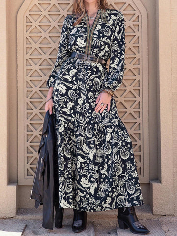 Rusttydustty Women Plant Print V-Neck Long Sleeve Lantern Sleeve Dress