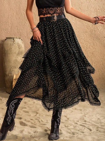 Rusttydustty Women's Allover Printed Lace Trimmed Skirt