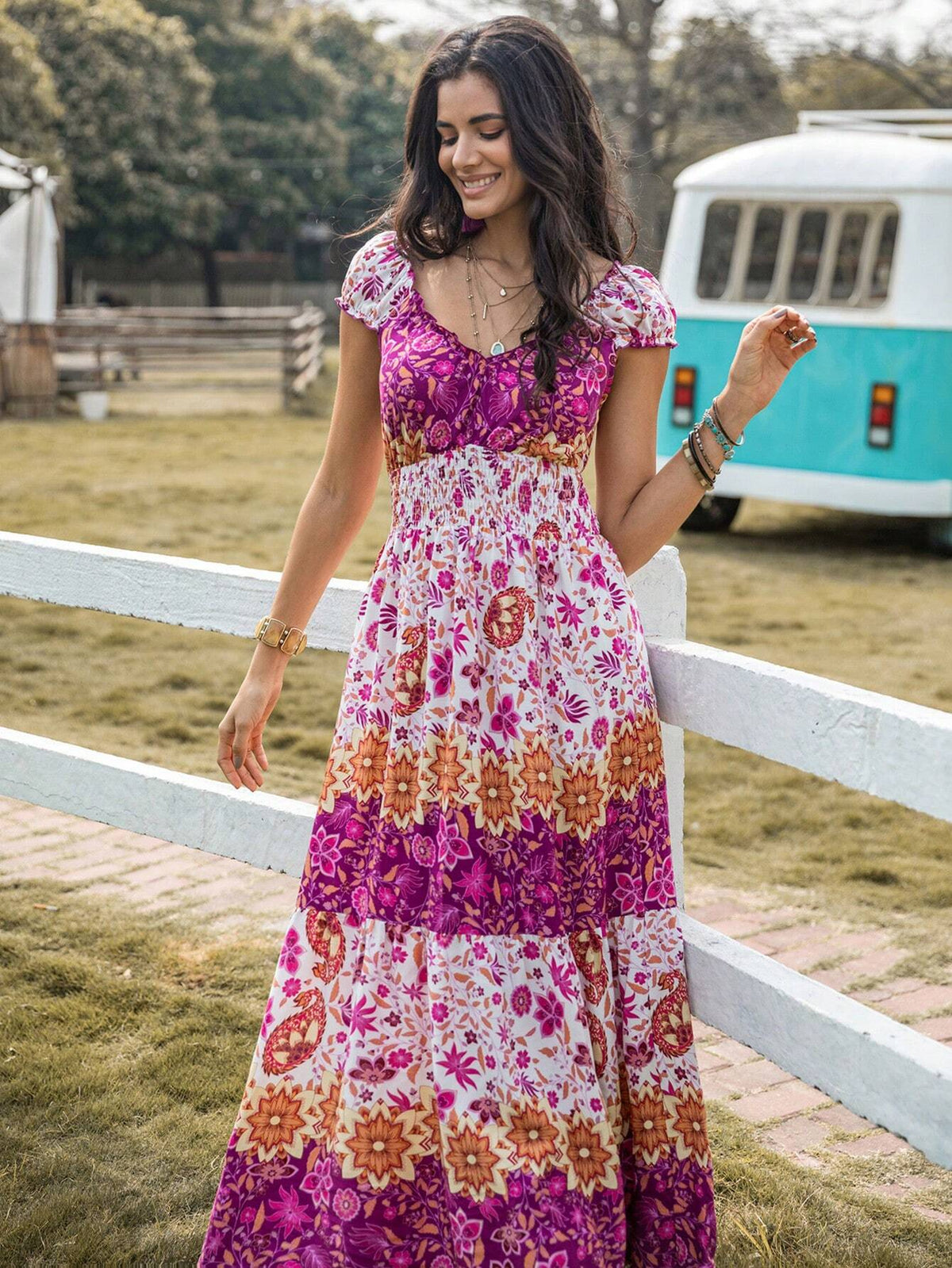 Rusttydustty Women's Fashionable Long Printed Dress With Ruffled Collar, Waistline And Hem Design For Summer