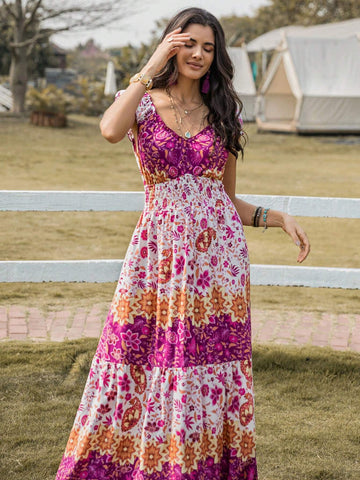 Rusttydustty Women's Fashionable Long Printed Dress With Ruffled Collar, Waistline And Hem Design For Summer
