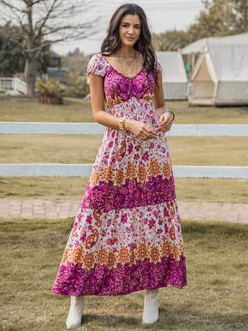 Rusttydustty Women's Fashionable Long Printed Dress With Ruffled Collar, Waistline And Hem Design For Summer