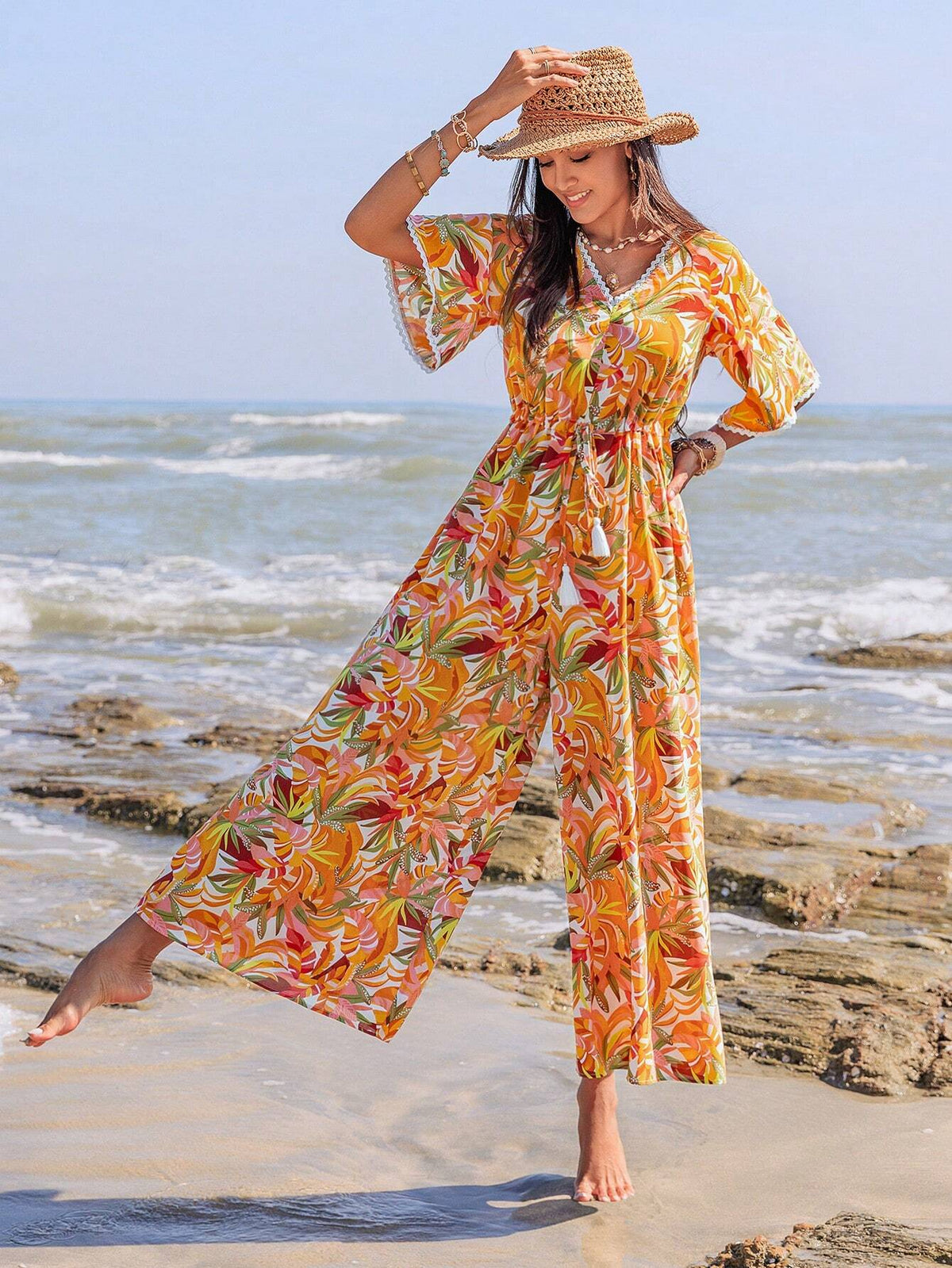 Rusttydustty Women's Floral Print Short Sleeve V-Neck Jumpsuit, Vacation Style