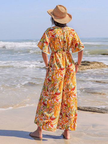 Rusttydustty Women's Floral Print Short Sleeve V-Neck Jumpsuit, Vacation Style