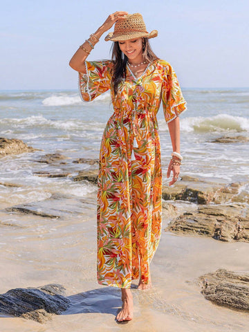 Rusttydustty Women's Floral Print Short Sleeve V-Neck Jumpsuit, Vacation Style