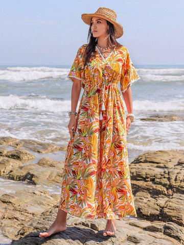 Rusttydustty Women's Floral Print Short Sleeve V-Neck Jumpsuit, Vacation Style