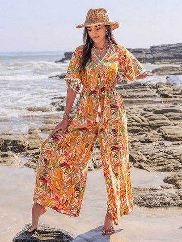 Rusttydustty Women's Floral Print Short Sleeve V-Neck Jumpsuit, Vacation Style