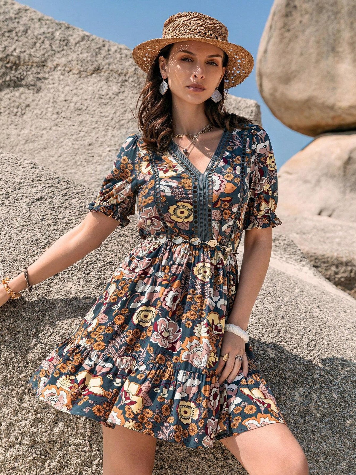 Rusttydustty Women's Floral Printed Half Sleeve Midi Dress