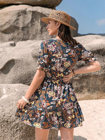 Rusttydustty Women's Floral Printed Half Sleeve Midi Dress