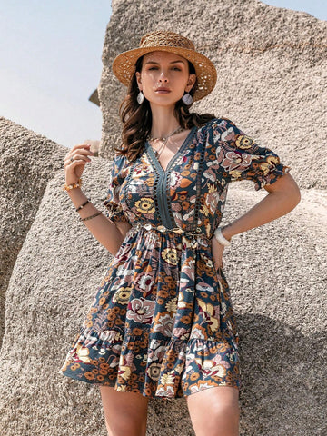 Rusttydustty Women's Floral Printed Half Sleeve Midi Dress
