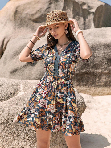 Rusttydustty Women's Floral Printed Half Sleeve Midi Dress