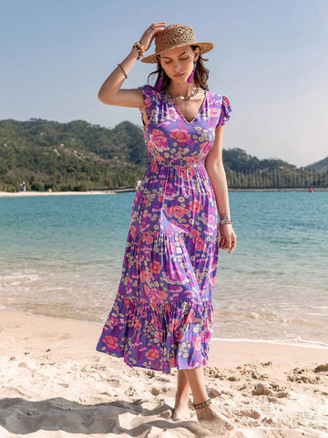 Women's Floral Printed Short Sleeve A-Line Dress