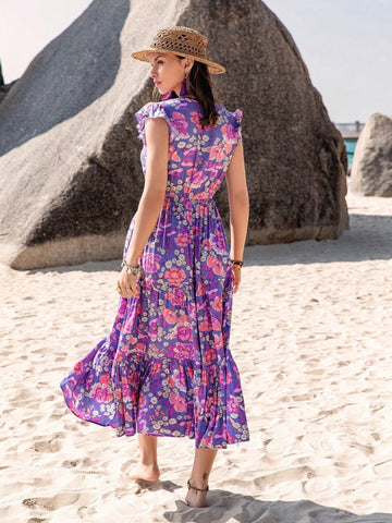 Women's Floral Printed Short Sleeve A-Line Dress