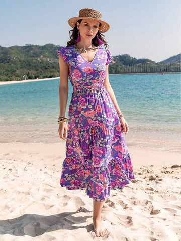 Women's Floral Printed Short Sleeve A-Line Dress