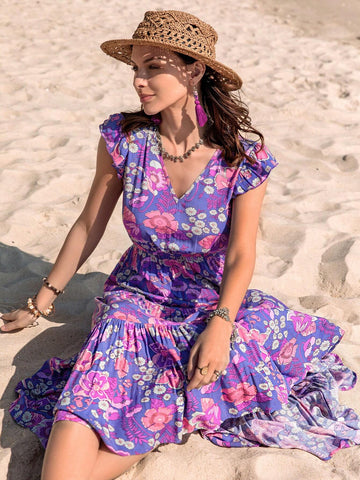 Women's Floral Printed Short Sleeve A-Line Dress