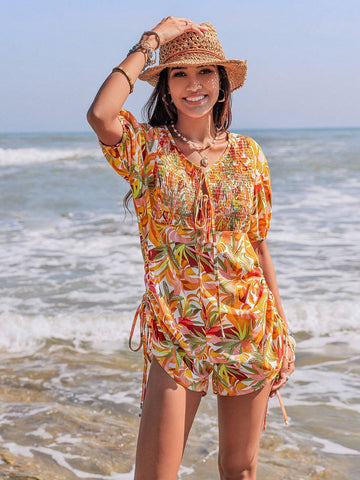 Rusttydustty Women's Full Printed Drawstring Waist Short Sleeve Jumpsuit For Summer