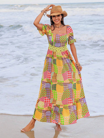 Rusttydustty Women's Patchwork Printed Square Neck Bubble Sleeve Dress