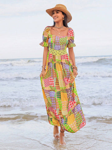 Rusttydustty Women's Patchwork Printed Square Neck Bubble Sleeve Dress