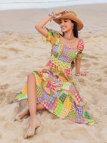 Rusttydustty Women's Patchwork Printed Square Neck Bubble Sleeve Dress