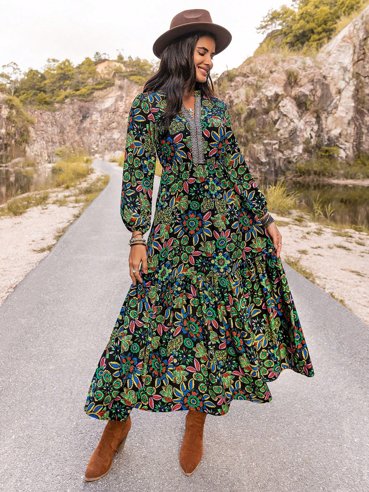 Rusttydustty Women's Printed Lantern Sleeve Dress With Plunging V-Neckline