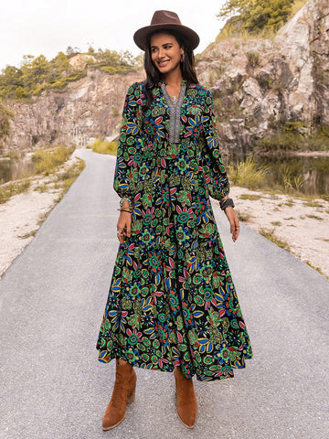 Rusttydustty Women's Printed Lantern Sleeve Dress With Plunging V-Neckline