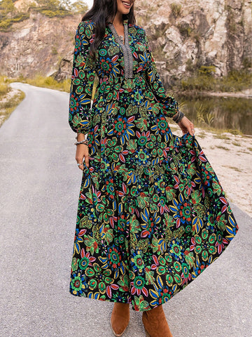 Rusttydustty Women's Printed Lantern Sleeve Dress With Plunging V-Neckline